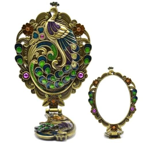 Hot sales European style folding portable princess cosmetic handle imitation copper vanity mirror