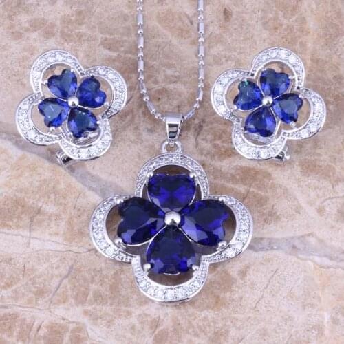 Trendy Blue Cubic Zirconia White CZ Silver Plated Earrings Pendant Necklace Jewelry Sets S0781