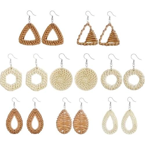 Boniskiss Bohemia Handmade Big Wicker Rattan Weave Braid Drop Dangle Earrings Set 8 pairs Vacation Gift for Women Teens Girls
