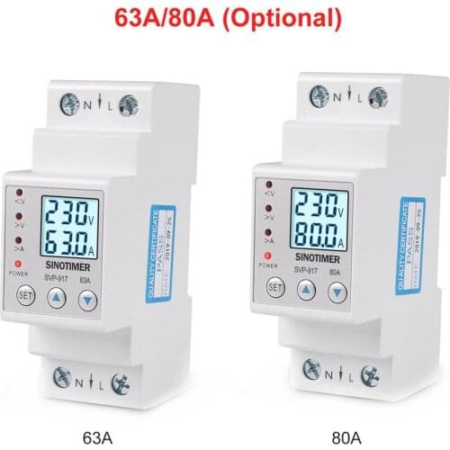 SINOTIMER 63A 80A Din Rail Adjustable Over Under Voltage Protective Device Current Limit Protection Voltmeter Ammeter Kwh