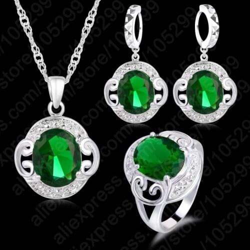Vintage Women 925 Sterling Silver Green Cubic Zircon Crystal Jewelry Sets Pendant Necklace Earrings Ring Set For Wedding