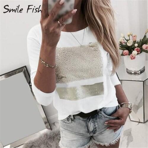 Casual Gold Stamp T-Shirts For Women Long Sleeve O-Neck Printed Basic White Shirts Fashion Autumn Spring Female Streetwear G1120