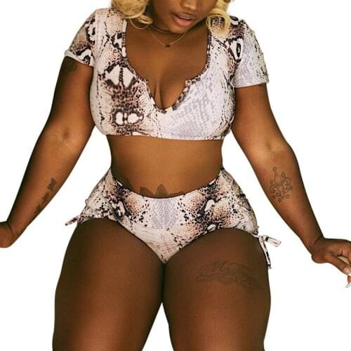 BAMBOOBOY Women Fashion Print Sexy Crop Top and Tight Shorts Casual Club Two Piece Set ZL1662