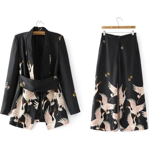 2020 Women Vintage Crane print style kimono jacket office lady retro knotted belt coat casual slim loose Tops