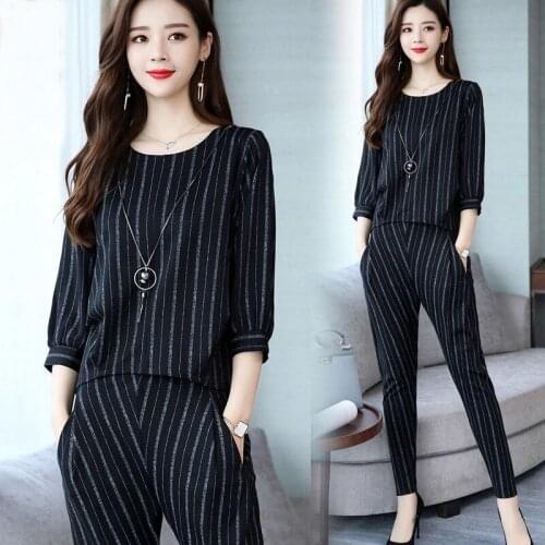 Black Stripe Tracksuit Spring 2019 Womens Two Piece Sets Long Sleeve Female Harem Pants And Top Two Piece Set DD2167