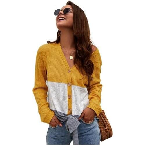 Patchwork Sweater Women Fashion V Neck Long Sleeve Office Ladies Sweaters Plus Size Lace Up Chompas Para Mujer CL32