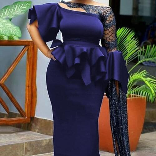 Elegant Evening Party Long Dress Sexy Mesh Patchwork Large Plus Size Vestidos High Waist Ruffle Vintage Blue Women Dress MH92
