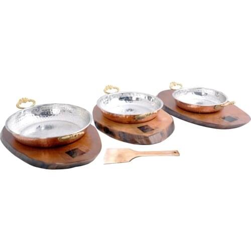 100% Copper Double Handled 3-Cookware Set With Wooden Plates Walnut Billet) 18cm-16cm-14cm Healthy Long-Lasting Turkish Pan