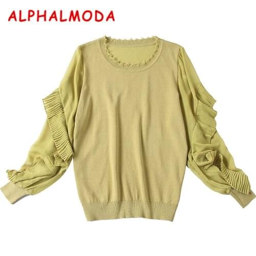 ALPHALMODA 2018 Spring Long-sleeve Chiffon Patchwork Knitted Sweater Stylish Pleated Detail Sleeve Pullovers Thin Spring Jumpers