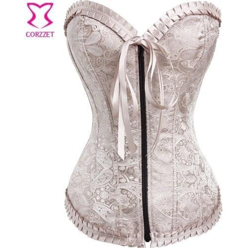 Beige Paisley Pattern Overbust Zipper Corset Gothic Clothing Corpetes E Espartilhos Sexy Korsett For Women Corsets and Bustiers