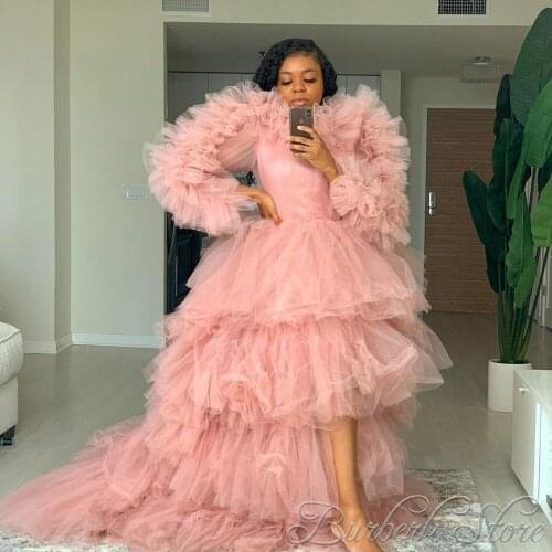 Elegant Peach Pink Tulle Evening Dresses Long Sleeve Sexy Sheer Ruffled Tulle Prom Gown Long Women Formal Dress