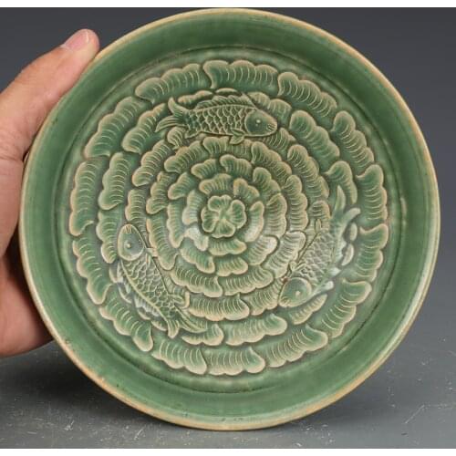 Song Dynasty Jizhou Kiln Green Glaze Three Fish Pattern Hat Bowl Antique Porcelain