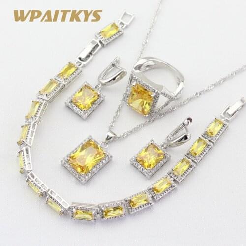 925 Sterling Silver Jewelry Sets For Women Yellow Topaz Necklace Pendant Earrings Ring Bracelet Gift Box