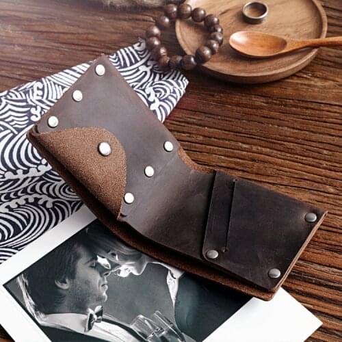 Handmade Genuine Leather Mens Wallets Vintage Rivet Wallet with Coin Pocket Crazy Horse Leather Short Money Cards Case