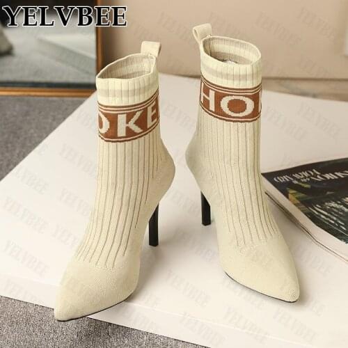 2021 New Autumn Women Super High Heels Shoes Sexy Dress Fashion Socks Boots Slip-on Designer Knitting Ankle Chunky Boots Pumps