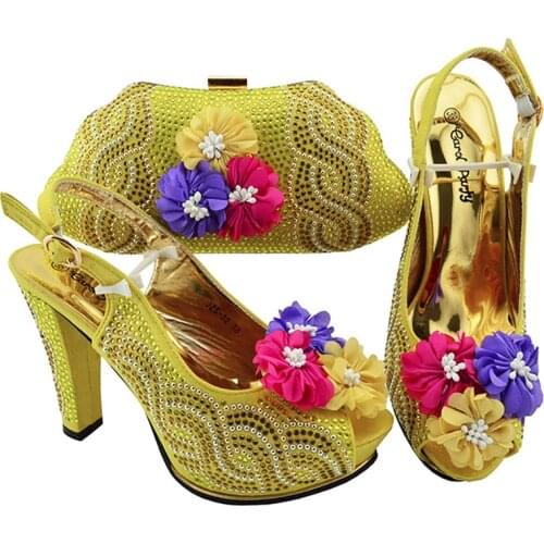 New Arrival Noble Italian Design Yellow Color Crystal Elegant Style Ladies Shoes and Bag Set Decorated With Rhinestone