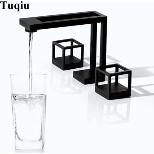 New Arrival Bathroom Black Basin Sink Faucet Brass Bathroom 8 inch Widespread three holes Sink Tap Square Art Design Faucet