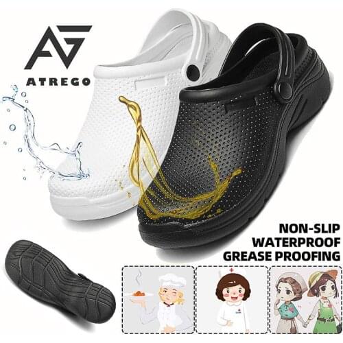 AtreGo Chef Nurse Shoes Non-slip Waterproof Oil-proof Kitchen Hotel Work Shoes Slip On Casual Safety Shoes Kitchen Cook Clogs