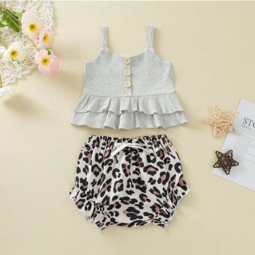 Toddler Baby Girl Summer Solid Ruffles Suspender Button Tank Tops + Leopard Triangle Short Pants 2pcs Set Newborn Kids Outwear