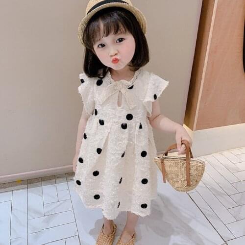 Toddler Baby Kids Girls Dress Summer Princess Ruffle Polka Dot Print Sleeveless Dresses WIth Lace Bow Children Clothing