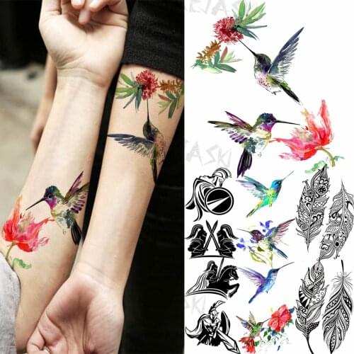 Realistic Hummingbird Flower Arm Temporary Tattoos For Women Adult Spartan Feather Henna Fake Tattoo Sticker 3D Waterproof Tatoo