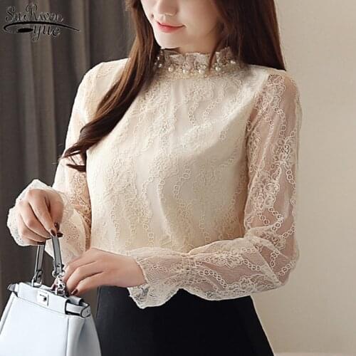 Long Sleeve Shirt Lace Blouse Korean Style Beading Clothes Women 2021 Autumn Womens Tops and Blouses Blusas Mujer De Moda 10641
