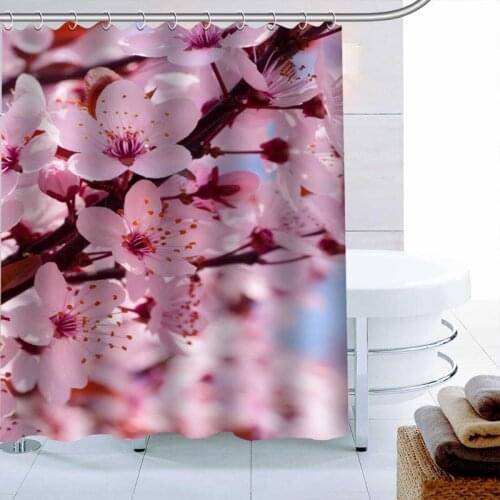 ShunQian Cherry Blossoms Custom Polyester Fabric Printing Shower Curtain Bathroom Waterproof With Hook Bath Curtain Gift