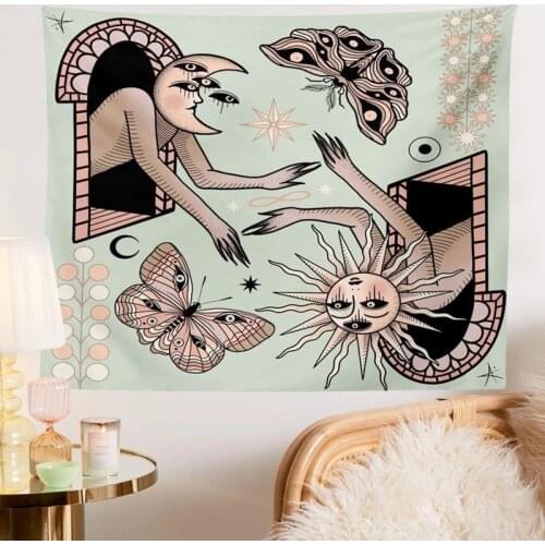 Sun and moon Tapestry Bohemia Mandala Hand Drawn Medieval Europe Hippie Tarot Mysterious Teal Illustration Wall Art Dorm Room