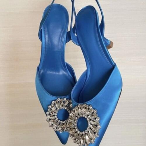 2021year Silk Satin Rhinestone High Heel Shoes Womens Autumn and Winter New Mid Heel Pointed Toe Shallow Mouth Classy Shoes