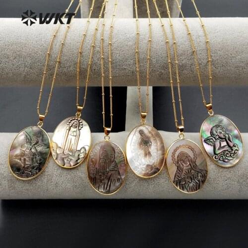 WT-N1083 Wholesale Freshwater Shellfish Pendant Gold Plating Caved Goddess,Holy Virgin,Jesus,Angel Necklace For Fashion Jewelry