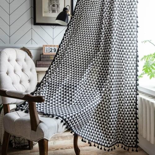 Cilected Black Geometric Print Curtains Nordic Home Tassels Half Shading Bay Window Curtains Living Room Decorative Curtains