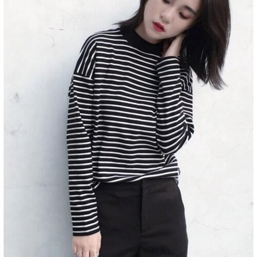 2021 Spring Women Blouse Fashion Clothing Lady O Neck Blouse Causal Black White Strip Long Sleeve Top For Female