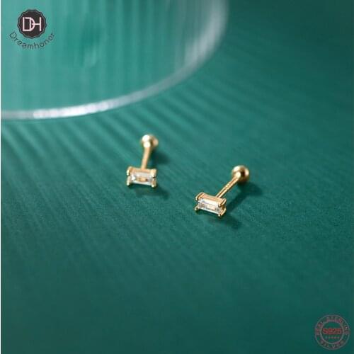 Dreamhonor Silver Gold CZ Zircon Mini Square Stud Earrings for Women 925 Sterling Silver Wedding Jewelry