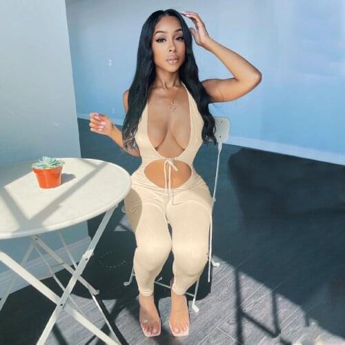 FUFUCAILLM Cut Out Backless Bodycon Jumpsuits Women Halter Lace Up Sexy Skinny Streetwear Club Sporty Casual 2021 Summer Rompers