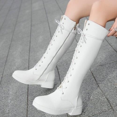 2021 New Round Toe Thick Heel Knee High Boots Ladies Fashion Street Cross Tied Knight Boots Female Side Zipper Loose Women Shoes