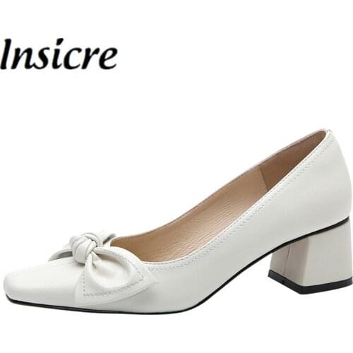Insicre Women Pumps Cow Leather Square Toe Butterfly Knot Shallow Big Size 43 Beige 2021 Autumn Thick High Heel Shoes