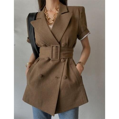 2021 Summer Autumn Fashion Elegant Coat Women Jacket Medium Length Outerwear Cotton Short Sleeve V-Neck Womens Suit