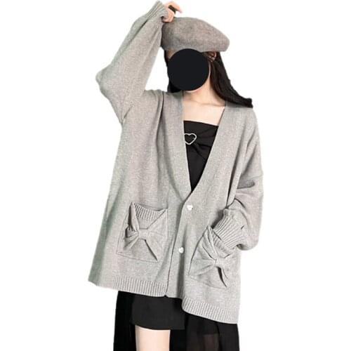 Korean Vintage Bow Women Knitted Sweater Autumn 2021 Black Oversized Button Down Cardigan Winter Fashion Soft Casual Loose Coat