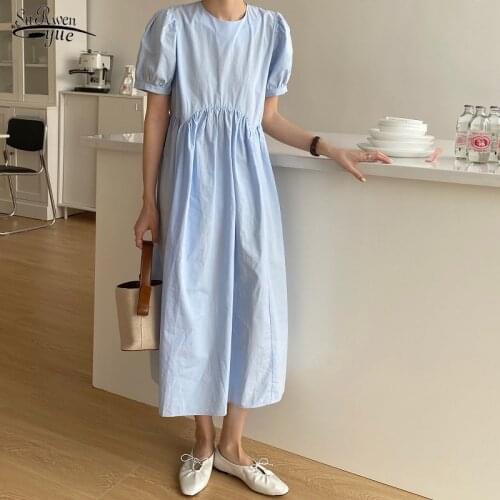 2021 New Casual Summer Solid Women All Match Stylish Long Dress Vintage Lantern Sleeve Irregular Pleated High Quality Robe 14512