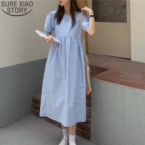 Korean Chic Round Collar Solid Short Puff Sleeves Maxi Dresses for Women Summer Long Dress Plus Size Loose Casual Dress 14516