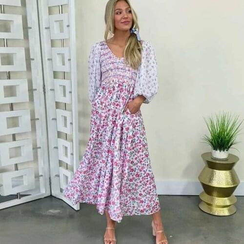 2021 Autumn Patchwork Slim Beach Style Lantern Sleeve A-line Dress Vocation Ladies Mid-calf Dress