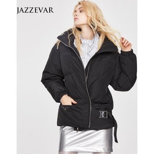 JAZZEVAR 2021Winter thick mid-length white duck down stand-up collar down jacket with triangle zipper pocket and belt