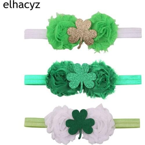 3pcs/lot St. Patricks Day Kid Shabby Flower Rhinestone Elastic Headband Girls Clover Infantile Hair Accessories Headwear