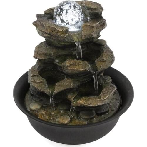 4-Tier Cascading Resin-Rock Falls Tabletop Water Fountain with Wealth LED Feng Shui Office Desktop Room Decor Craft Ornament