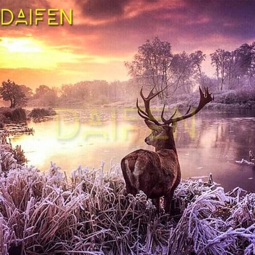 5DDIY Diamond painting Cross stitch Snow moon Full Round Diamond mosaic Forest lake Full Square Diamond embroidery Elk Sika Deer