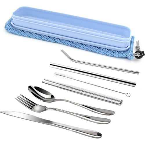 7 Pieces Flatware Set Portable 304 Stainless Steel Fork Knife Spoon Chopsticks 2pcs-Straw Cleaning Brush Cutlery Tableware Sets