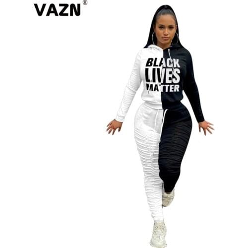 VAZN 2020 Gym Fitness Modern Style Women Patchwork Letter Long Sleeve Bandage Set Casual Beach Clothing Ladies Women Sets