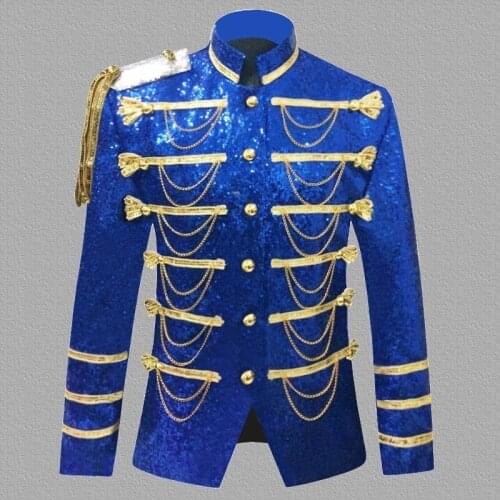 Masculino Stage Performance Sequins Jacket Stand Collar Chains Tassels Blazer Suit Single Breasted Shiny Coat 5XL