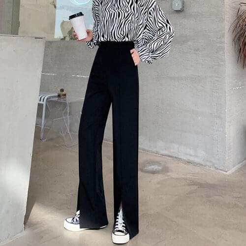 Womens Black Suit Straight Pants with Front Slits Drape High Waist Wide Leg Pants Loose Mopping Trousers Spring Summer Y873