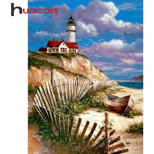 Huacan DIY Diamond Painting Seaside Lighthouse Full Square New Arrival Diamond Embroidery Mosaic Landscape Home Decor Craft Kit